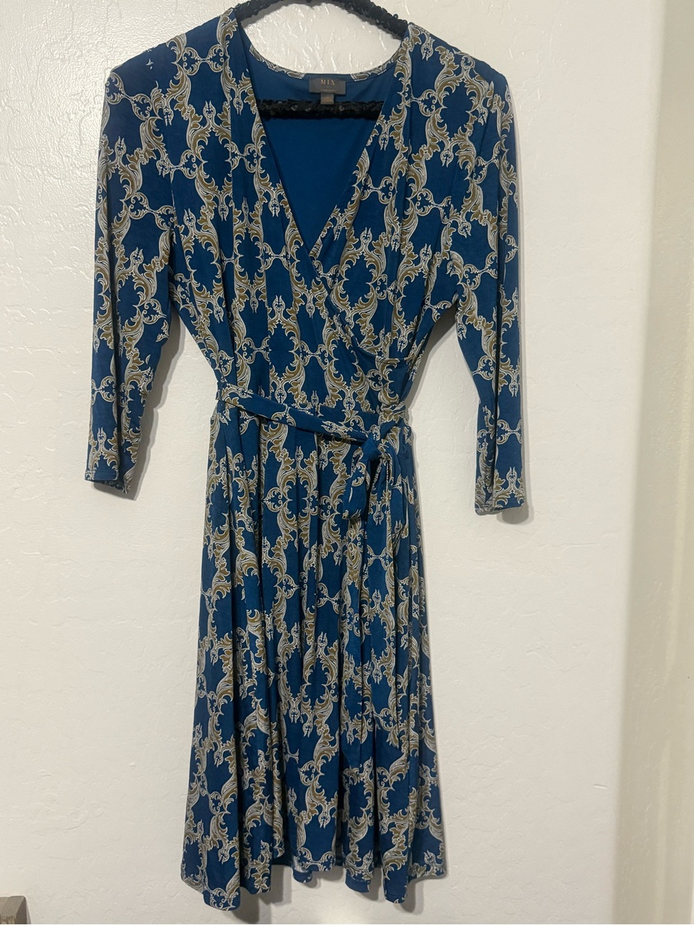 Mix It Teal Blue Wrap Dress with Beige Scroll Print